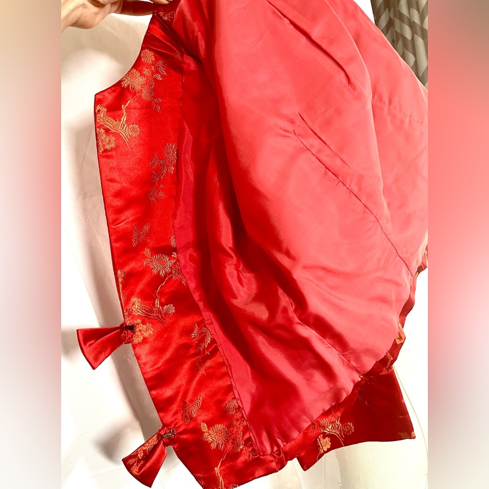 Red & Gold Chinese brocade silky 2-piece pencil dress & cropped jacket size XS - Picture 13 of 16